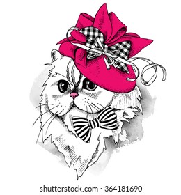Himalayan Cat portrait in a Elegant women's hat with bow and ribbon. Vector illustration.