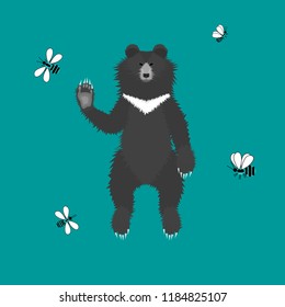 Himalayan Moon Bear stands on two legs surrounded by bees and waves with the right paw.