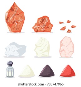 Himalayan pink and rock salt, sugar, pepper and other spices. Vector icon set of raw minerals for cooking isolated on white background.