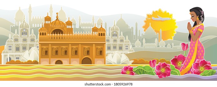 Himalayan Tirabha and Lotus Temple. India Building set.Indian woman in beautiful pink traditional saree dress. Holding a lantern. Indian style lantern.