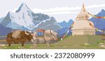 Himalayan yaks with a load on their back, a Buddhist stupa decorated with flags. Mountain horizontal landscape of Nepal. Vector illustration, flat style. Pets in Mongolia and Tibet.