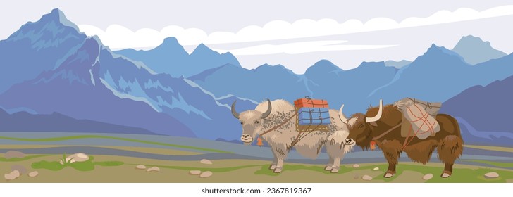 Himalayan yaks with a load on their back in a beautiful landscape. Vector illustration, flat style. Mountain horizontal landscape of Nepal. Pets in Mongolia and Tibet for transporting goods.