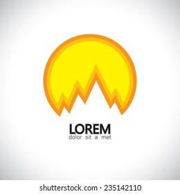 himalayas, andes, sunrise, sunset mountain alps - concept vector graphic. This icon also represents hilly landscape, snow covered mountains, peaks