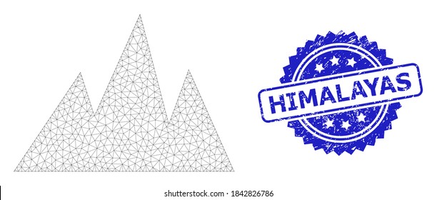 Himalaya korrodierte Stempel und Vektor Berge Maschenstruktur. Die blaue Stempelrobbe hat Himalayas-Text in Rosette. Abstrakte flache Berge, aus Flachmaschen gebaut.
