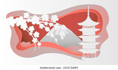 Himeji castle and cherry blossom in japoan.Vector illustration in paper cut style