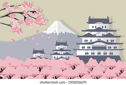 Himeji castle with cherry blossoms in full bloom and the background of Mount Fuji, Japan - vector