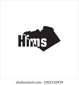 Mapa de Hims y diseño de letras negras sobre fondo blanco