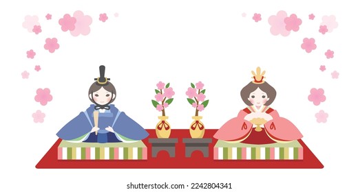 Hina dolls are displayed with a background of peach blossoms. This is an illustration of Hina Matsuri, a traditional Japanese event.