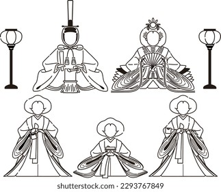 Hina dolls Emperor, princess and three court ladies (line drawing)
