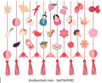 Hina Matsuri (Japanese Girls Festival) celebration card. Tsurushi Bina hanging handmade decoration with emperor family dolls and various objects. Caption translation: Hinamatsuri