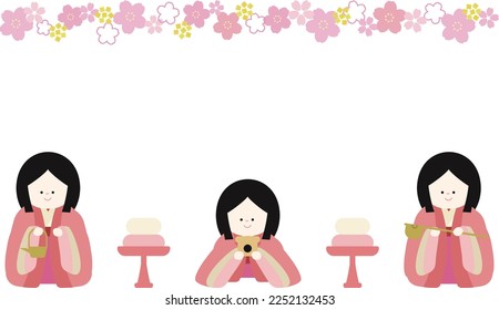 Hinamatsuri Dolls, Three Dolls, Cherry Blossoms and Rape Blossoms