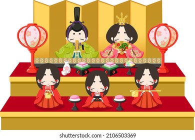 Hinamatsuri illustrations, Five-person decoration．Japanese girl's festival．White background． Vector image．