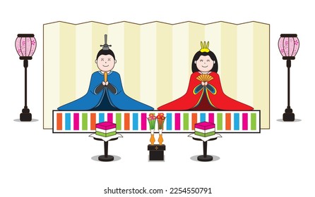 Hinamatsuri Japanese festival or child day or girl day with cute young dolls dress as Japan emperor and empress with background and accessories drawing cartoon in vector