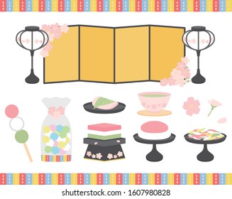 Hinamatsuri and spring sweets illustration set