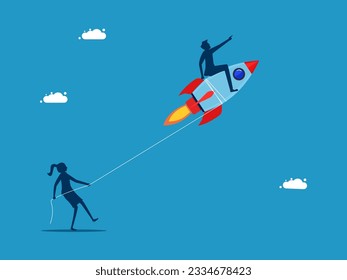 hinder growth. Businesswoman using a rope to keep the rocket from going. vector