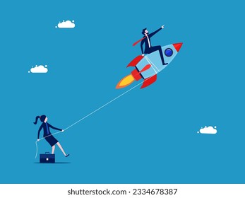 hinder the growth of competitors. Businesswoman using a rope to prevent the rocket from going 