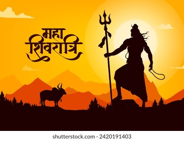 "Maha Shivratri", caligrafía en hindi, por "Lettering" se entiende Shiv Shankar, fondo de montaña Himalaya y silueta Shiva Lord, afiche tradicional del afiche del festival Ilustración vectorial de la plantilla de diseño
