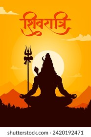 Caligrafía en hindi "Shivratri", por "Lettering" se entiende Shiv Shankar, fondo montañés de Himalaya y Shiva Silhouette, cartel tradicional de diseño de afiches de Festival Ilustración vectorial