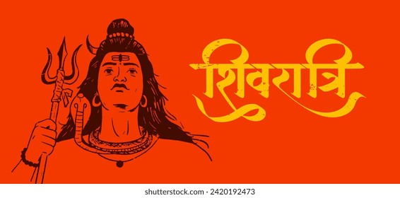 ‘Shivratri’ Hindi calligraphy, Lettering means Lord Shiv Shankar, Himalaya mountain background and Lord Shiva Illustration, Traditional Festival Poster Banner Design Template Vector Illustration