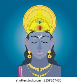 Hindi God Vishnu In Blue Color With Golden Crown With Golden Jewellery On Blue Color Background