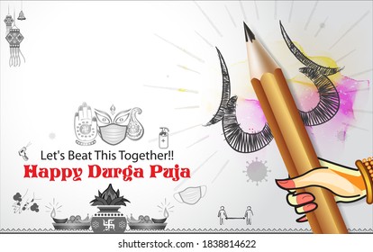 Hindi text "Happy Durga Puja" Indian festival celebration concept, idea, Goddess Durga holding pencil, wear mask with blessing hand and covid 19 background