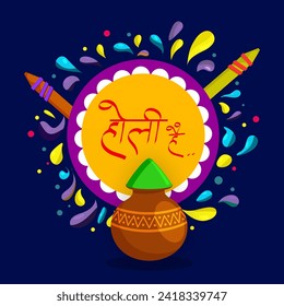 Hindi Text of Holi Hai (It's Holi) Over Mandala Frame with Mud Pot Full of Color Powder (Gulal), Water Gun on Splash Color Blue Background.