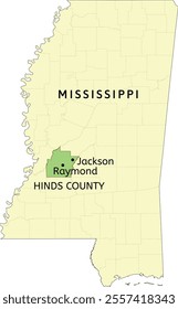 Hinds County and cities of Jackson and Raymond location on Mississippi state map