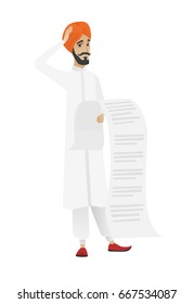 Hindu accountant standing with long bill in hands. Anxious accountant holding long bill. Young worried accountant looking at long bill. Vector flat design illustration isolated on white background.