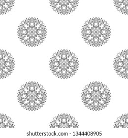 Hindu black and white flower fabric pattern. Allover folk pattern for adult colouring book, interior, wallpaper, apparel textile, phone case. Monochrome oriental bold line tiny flower motif