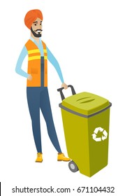 Hindu builder in headscarf standing near waste bin with recycling symbol. Full length of young builder pushing recycle bin. Vector flat design illustration isolated on white background.