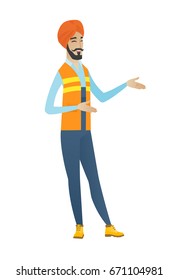 Constructor hindú riendo y haciendo gestos. Joven creador feliz haciendo gestos. Largo y largo de un alegre constructor que gesta con sus manos. Ilustración de diseño plana vectorial aislada en fondo blanco.