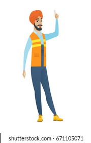 Hindubauer mit offenem Mund, der mit dem Finger nach oben zeigt. Die ganze Länge des jungen Bauers mit offenem Mund kam zu einer erfolgreichen Idee. Vektorgrafik mit flachem Design, einzeln auf weißem Hintergrund.
