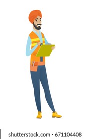Inspetor de construção hindu fazendo algumas anotações na área de transferência. Comprimento completo de jovem inspetor de edifícios em uniforme e lenço de cabeça no trabalho. Ilustração de design plano vetorial isolada sobre fundo branco.