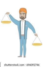 Hindu businessman holding balance scale. Businessman with a balance scale in hands trying to make a right decision in business. Vector sketch cartoon illustration isolated on white background.
