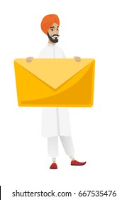 Hindu businessman holding a big envelope. Full length of businessman holding big envelope. Cheerful businessman with big envelope. Vector flat design illustration isolated on white background