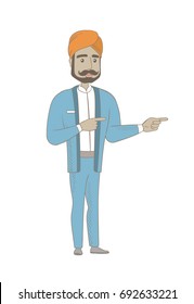 Hindu businessman pointing to the side. Businessman pointing his finger to the side. Businessman pointing to the right side. Vector sketch cartoon illustration isolated on white background.