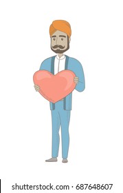 Hindu businessman showing a big heart. Full length of young businessman with heart shape. Happy businessman holding a red heart. Vector sketch cartoon illustration isolated on white background.