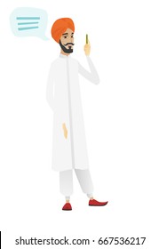 Hindu businessman with speech bubble. Businessman giving a speech. Businessman with speech bubble coming out of his head. Vector flat design illustration isolated on white background.