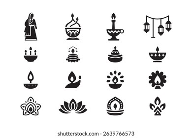 Hindu Celebration Elements – Diya, Rangoli, and Festive Icons in Black Silhouette