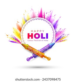 Hindu color festival Holi background. Happy Holi text with circular ethnic frame design.