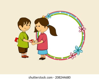 Hindu community festival Happy Raksha Bandhan celebrations with cute little sister tying rakhi on his brother hand and blank sticker for your wishes. 