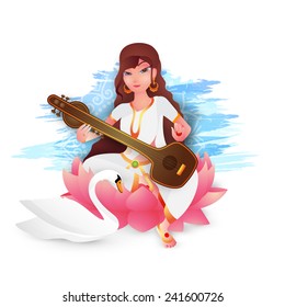 Hindu Community festival, Vasant Panchami celebration with Goddess Saraswati (Goddess of knowledge) sitting on lotus and holding musical instrument (Veena) with swan on floral decorated background.