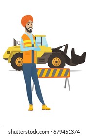 Hindu confident builder standing on the background of excavator and road barrier. Confident builder standing with arms crossed. Vector flat design illustration isolated on white background.