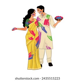 hindu couple playing with with colors on holi festival 