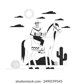 Hindu cowboy riding horse in desert black and white flat line illustration. Indian male wearing traditional cowman clothes 2D lineart character isolated. Old farming monochrome vector outline image