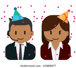 Hindu customer service man and woman wearing headsets with party hats