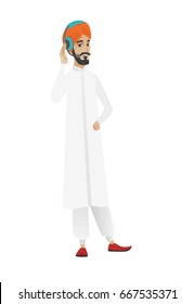 Operador hindú de servicio al cliente con auriculares con micrófono. Largo de los jóvenes operadores de servicio al cliente en auriculares con micrófono. Ilustración de diseño plana vectorial aislada en fondo blanco.