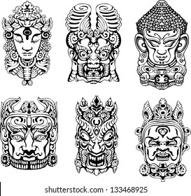 Hindu deity masks. Set of black and white vector illustrations.