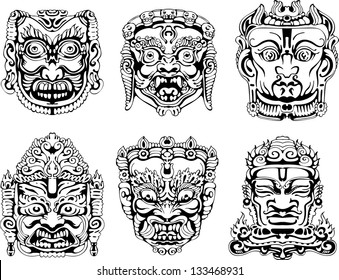 Hindu deity masks. Set of black and white vector illustrations.