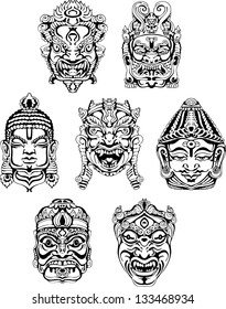 Hindu deity masks. Set of black and white vector illustrations.